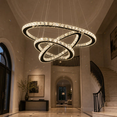 Suspended LED chandelier with remote control and crystal PRISM LUMINIS 79W, 3 Circles, Cold/Warm/Neutral light, Dimmable, Chrome, Height Adjustable