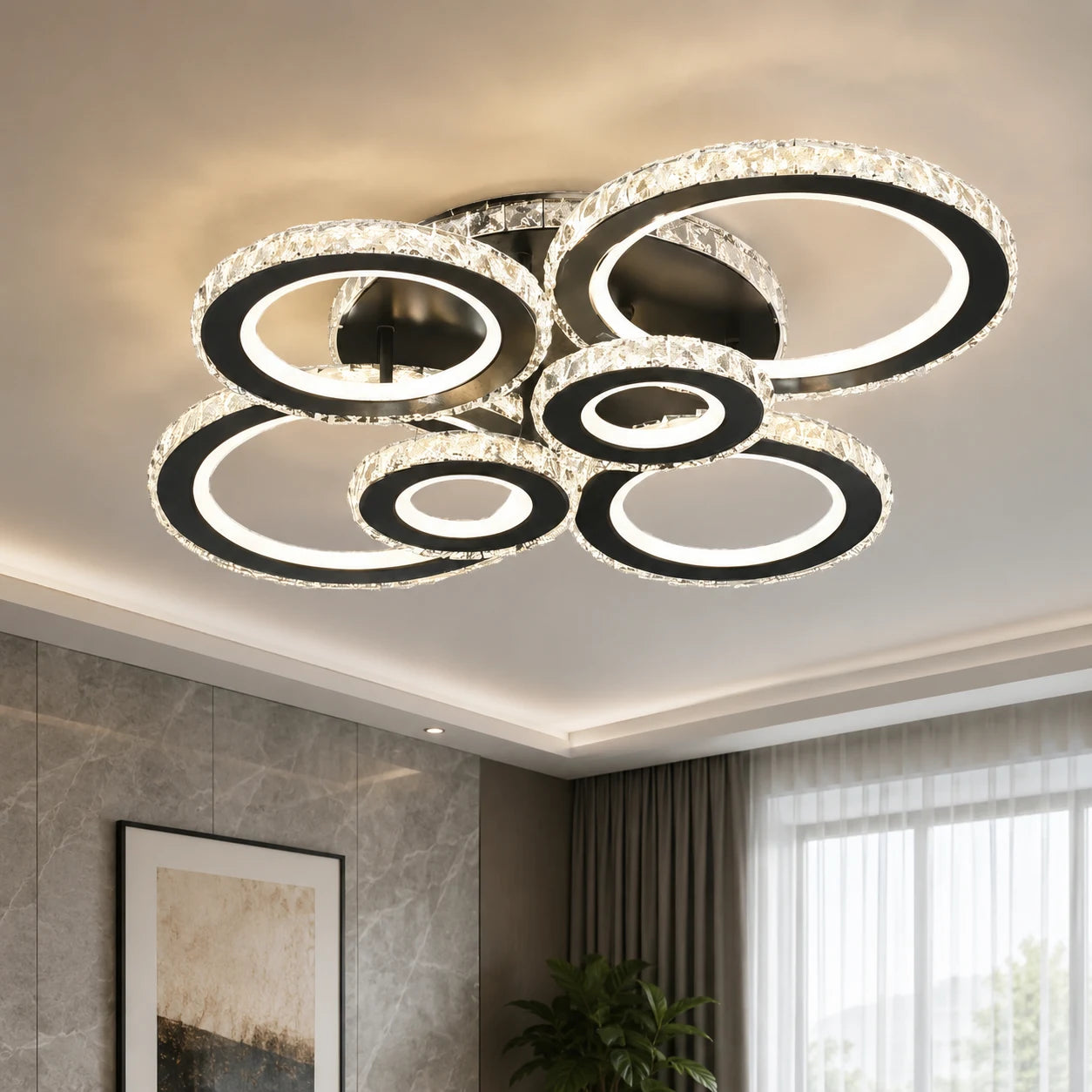 LED chandelier with remote control and crystal NOVA ROTONDA RGB 145W, 6 Circles, Cold/Warm/Neutral light, Dimmable, Black - 05_LT073-6BK.png