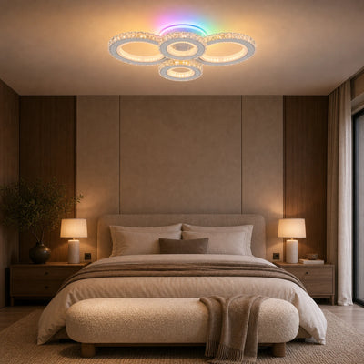 LED ceiling light with remote control and crystal NOVA ROTONDA RGB 82W, 4 Circles, Cold/Warm/Neutral light, Dimmable, White