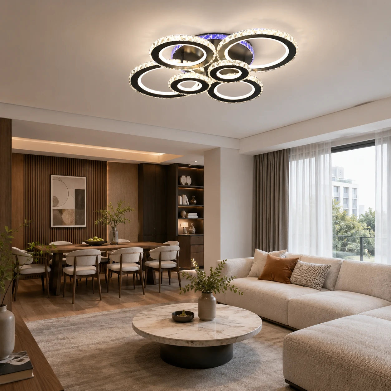 LED chandelier with remote control and crystal NOVA ROTONDA RGB 145W, 6 Circles, Cold/Warm/Neutral light, Dimmable, Black - 08_LT073-6BK.png