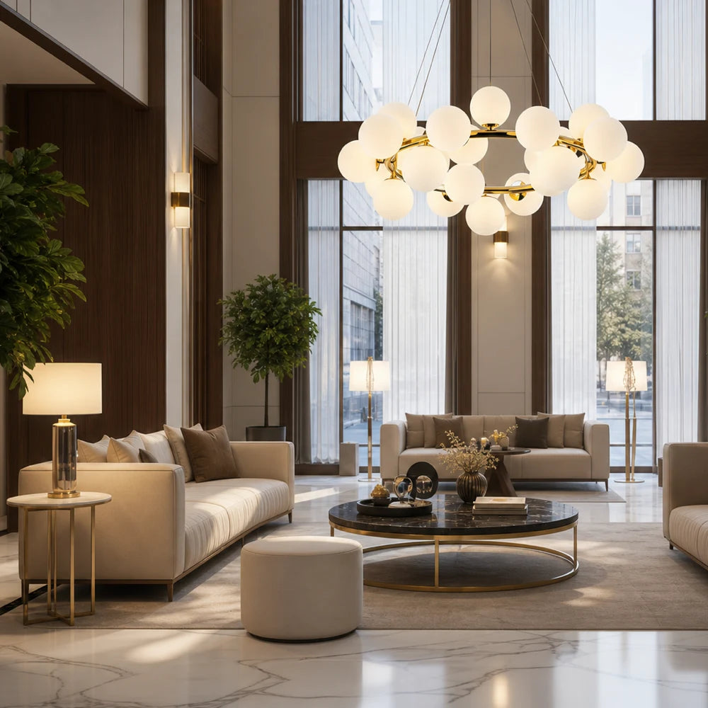 LOFT Chamber Chandelier, 25x G9, White Gold, Metal, Adjustable Height, Modern - 08_LC802-25GD.png