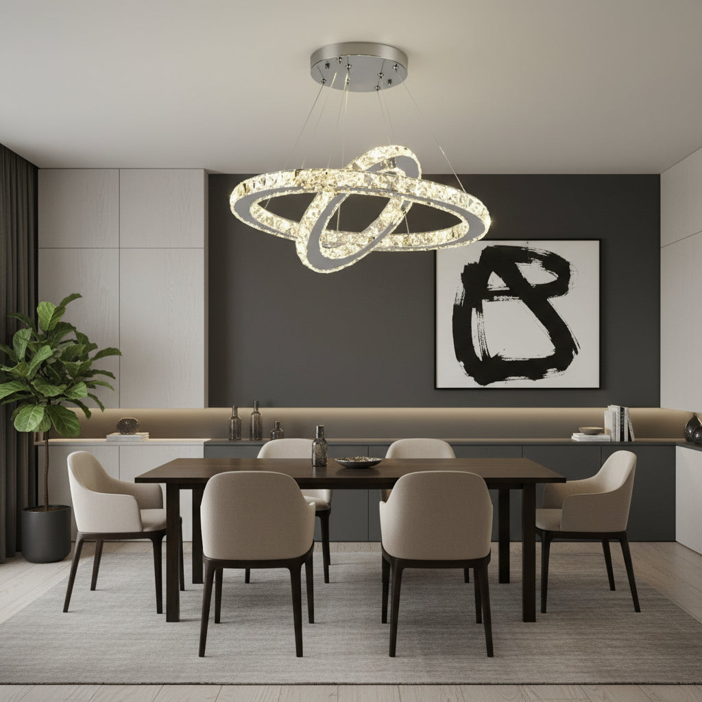 LED Chandelier with remote control and crystal PRISM LUMINIS 58W, 2 Circles, Cold/Warm/Neutral light, Dimmable, Chrome and White, Adjustable Height LED Chandeliers with Remote Control Default Title Alessandro Design