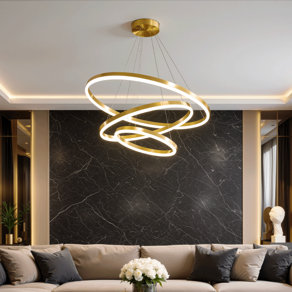 Suspended LED chandelier with remote control ELIZABETH, 85W, 3 Circles, Cold/Warm/Neutral light, Dimmable, Shiny Gold, Height Adjustable LED Chandeliers with Remote Control Default Title Alessandro Design