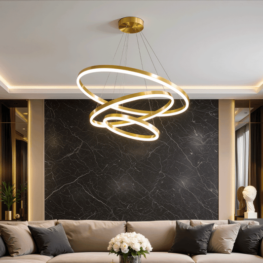 Suspended LED chandelier with remote control ELIZABETH, 85W, 3 Circles, Cold/Warm/Neutral light, Dimmable, Shiny Gold, Height Adjustable LED Chandeliers with Remote Control Default Title Alessandro Design