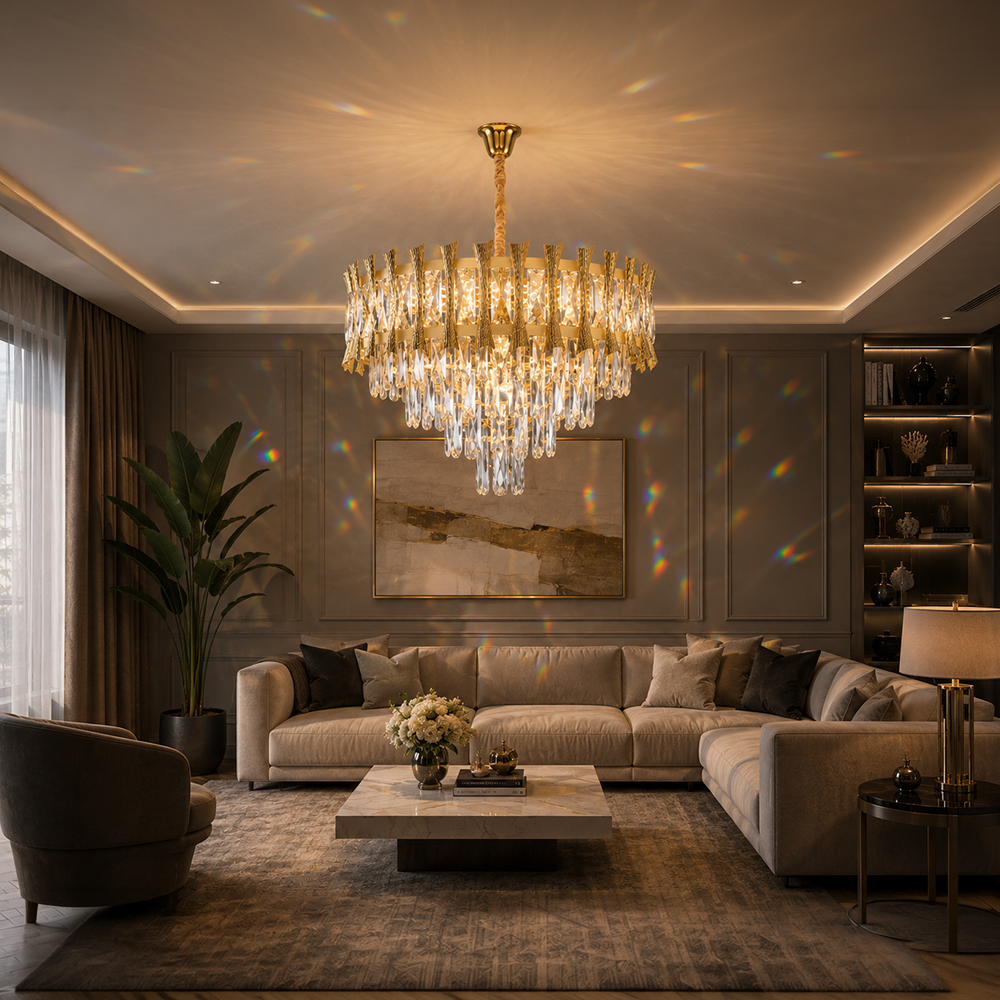 Candelabru Cristal HAMPTON Petito 3xE14, Diametru 30cm, Auriu Lucios, Inaltime Reglabila Candelabre Cristal Default Title Alessandro Design