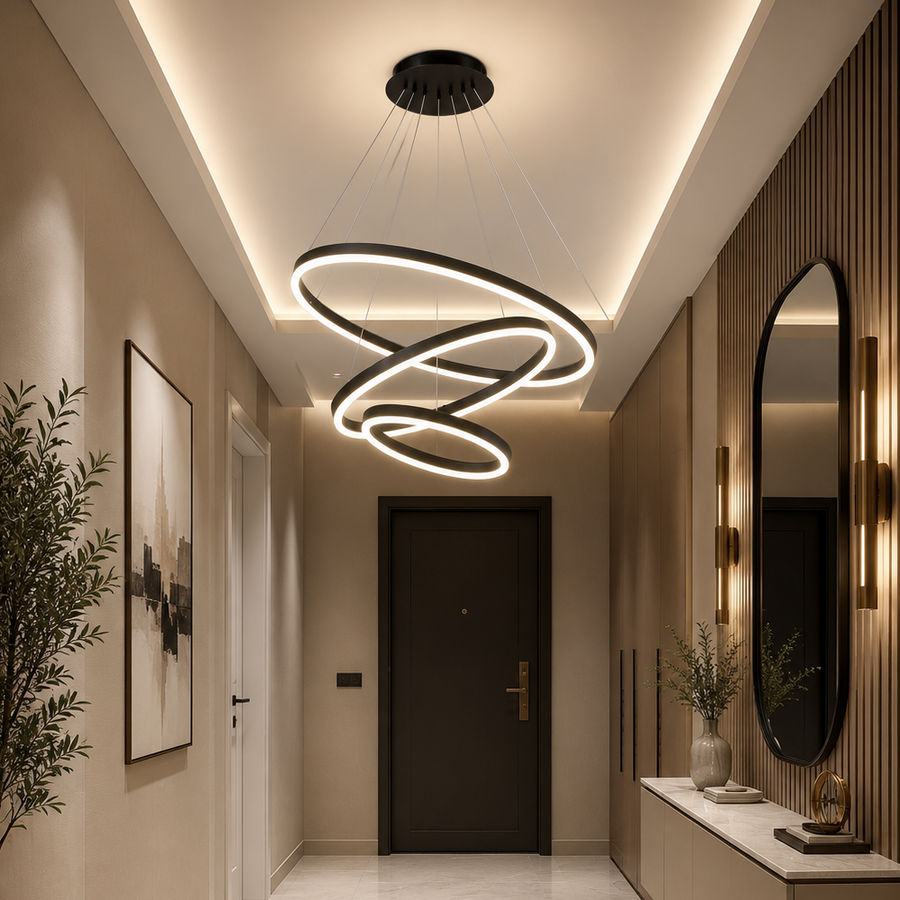 Suspended LED chandelier with remote control CASIANA 85W, 3 Circles, Cold/Warm/Neutral light, Dimmable, Black, Height Adjustable LED Chandeliers with Remote Control Default Title Alessandro Design