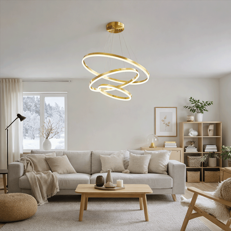 Suspended LED chandelier with remote control ELIZABETH, 85W, 3 Circles, Cold/Warm/Neutral light, Dimmable, Shiny Gold, Height Adjustable LED Chandeliers with Remote Control Default Title Alessandro Design