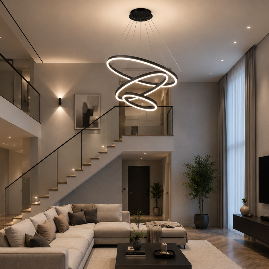 Suspended LED chandelier with remote control CASIANA 85W, 3 Circles, Cold/Warm/Neutral light, Dimmable, Black, Height Adjustable LED Chandeliers with Remote Control Default Title Alessandro Design