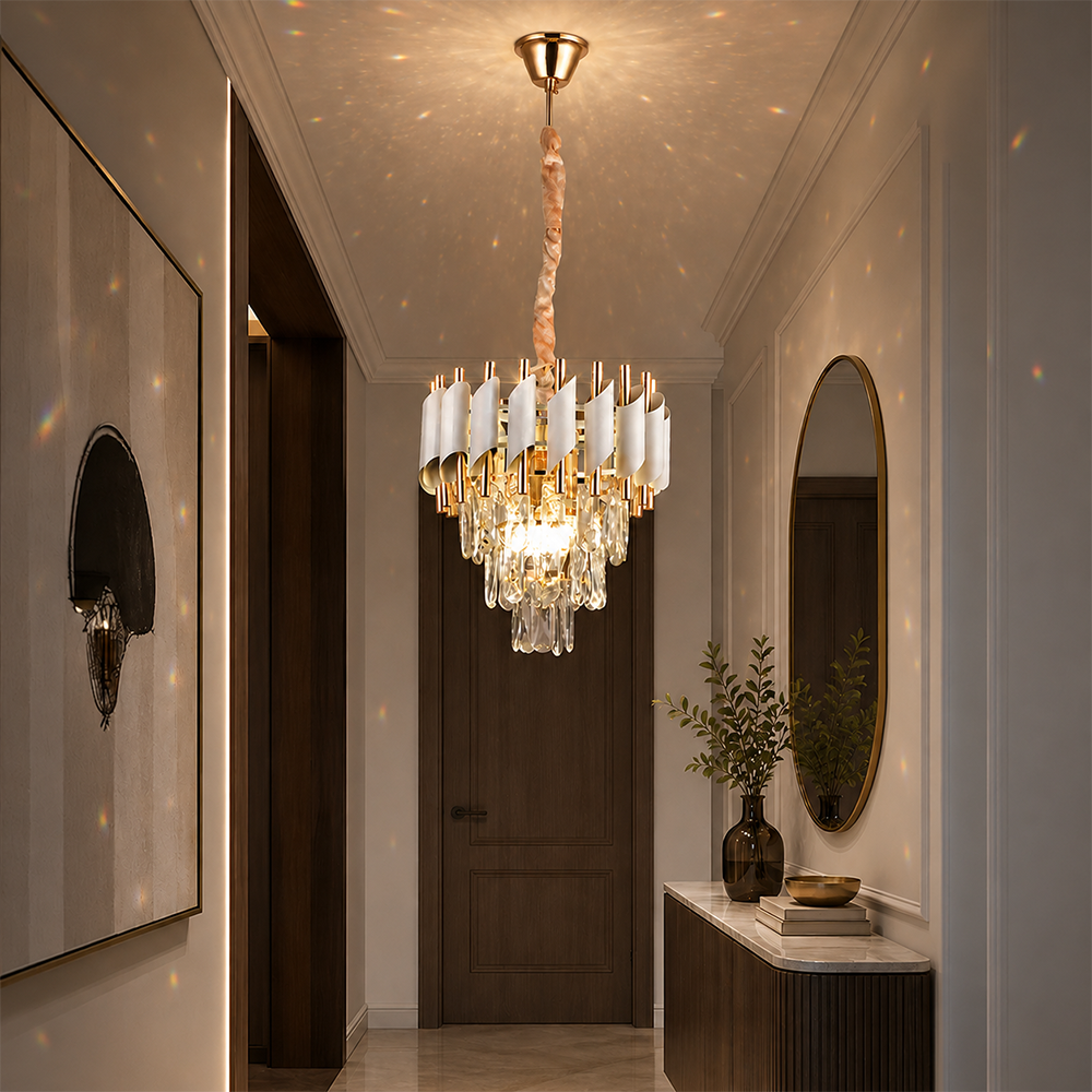 Crystal Chandelier VERSAILLES Petito 3xE14, Diameter 30cm, Shiny Gold and White, Adjustable Height, Metal and Crystal Crystal Chandeliers Default Title Alessandro Design