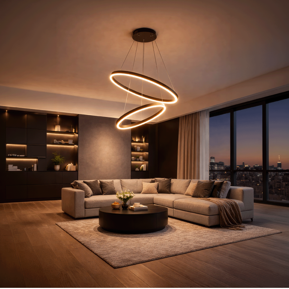 Suspended LED Chandelier with Remote Control CASIANA 40W, 2 Circles, Cold/Warm/Neutral Light 3000K/4000K/6000K, Dimmable, Black, Adjustable Height, Metal and Acrylic LED Chandeliers with Remote Control Default Title Alessandro Design
