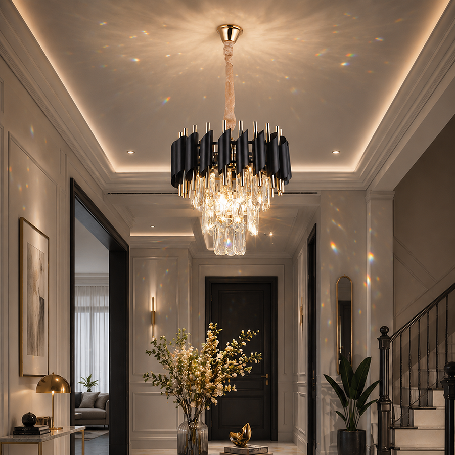 Crystal Chandelier VERSAILLES Petito 3xE14, Diameter 30cm, Shiny Gold and Black, Adjustable Height Crystal Chandelier Default Title Alessandro Design