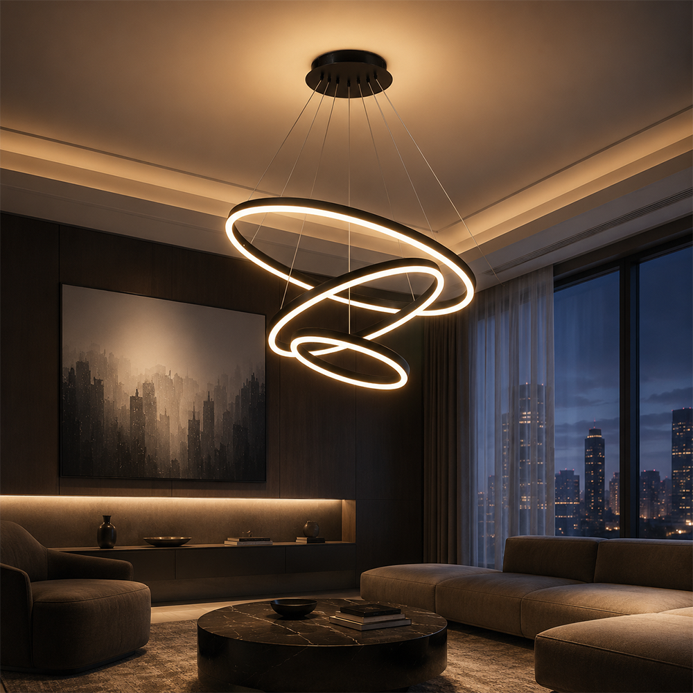 Suspended LED chandelier with remote control CASIANA 85W, 3 Circles, Cold/Warm/Neutral light, Dimmable, Black, Height Adjustable LED Chandeliers with Remote Control Default Title Alessandro Design