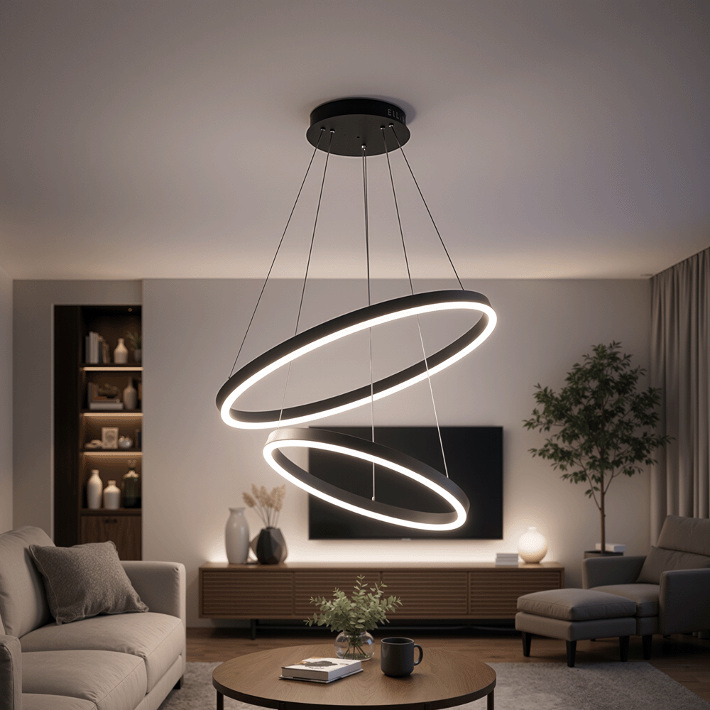 Suspended LED Chandelier with Remote Control CASIANA 40W, 2 Circles, Cold/Warm/Neutral Light 3000K/4000K/6000K, Dimmable, Black, Adjustable Height, Metal and Acrylic LED Chandeliers with Remote Control Default Title Alessandro Design