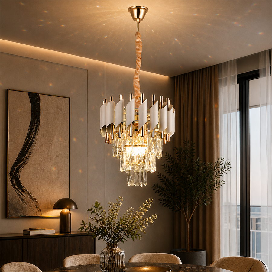Crystal Chandelier VERSAILLES Petito 3xE14, Diameter 30cm, Shiny Gold and White, Adjustable Height, Metal and Crystal Crystal Chandeliers Default Title Alessandro Design