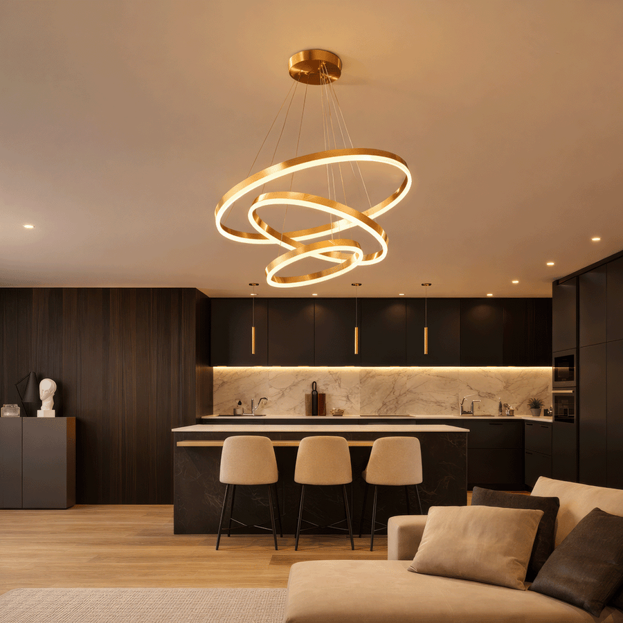 Suspended LED chandelier with remote control ELIZABETH, 85W, 3 Circles, Cold/Warm/Neutral light, Dimmable, Shiny Gold, Height Adjustable LED Chandeliers with Remote Control Default Title Alessandro Design