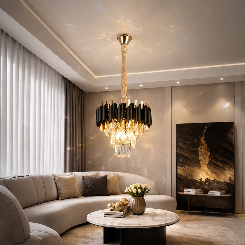 Crystal Chandelier VERSAILLES Petito 3xE14, Diameter 30cm, Shiny Gold and Black, Adjustable Height Crystal Chandelier Default Title Alessandro Design