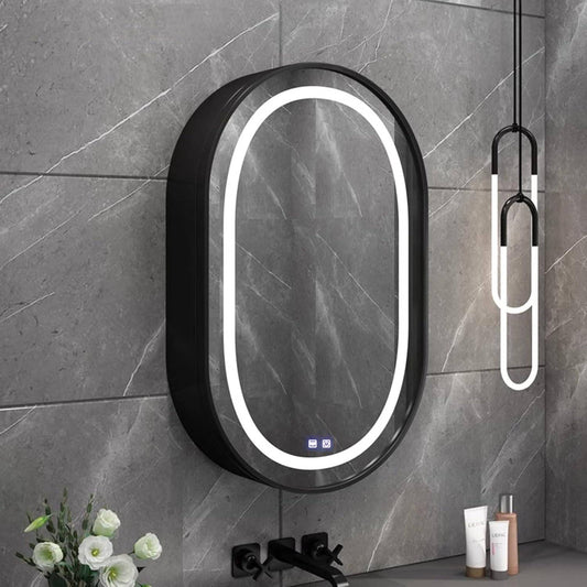 Oglinda LED cu Dulap, Ovala, 50x80cm, Dezaburire, Lumina Rece/Calda/Neutra, Rama Neagra, Spatiu de Depozitare Oglinzi Dulap Default Title Alessandro Design