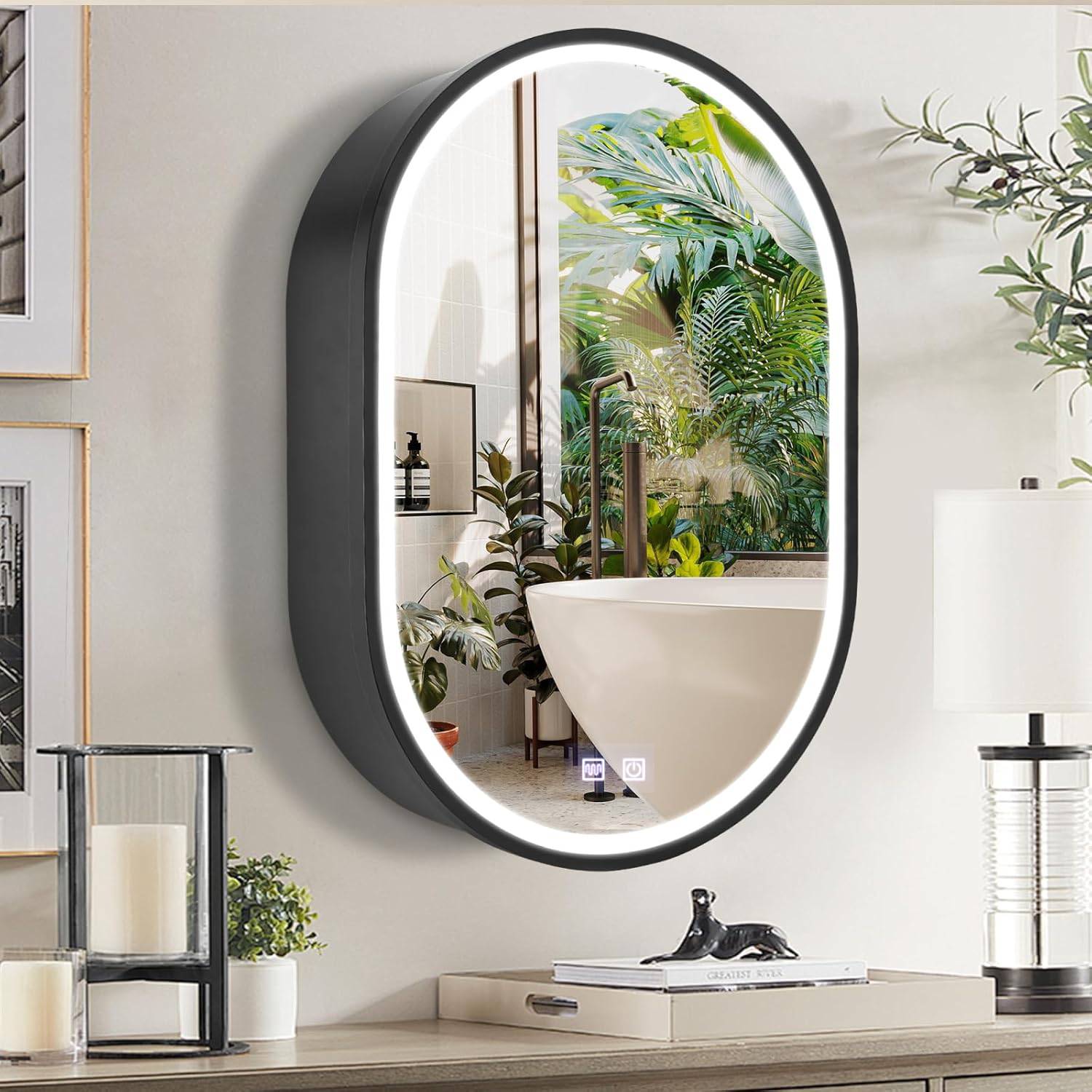 Oglinda LED cu Dulap, Ovala, 50x80cm, Dezaburire, Lumina Rece/Calda/Neutra, Rama Neagra, Spatiu de Depozitare Oglinzi Dulap Default Title Alessandro Design