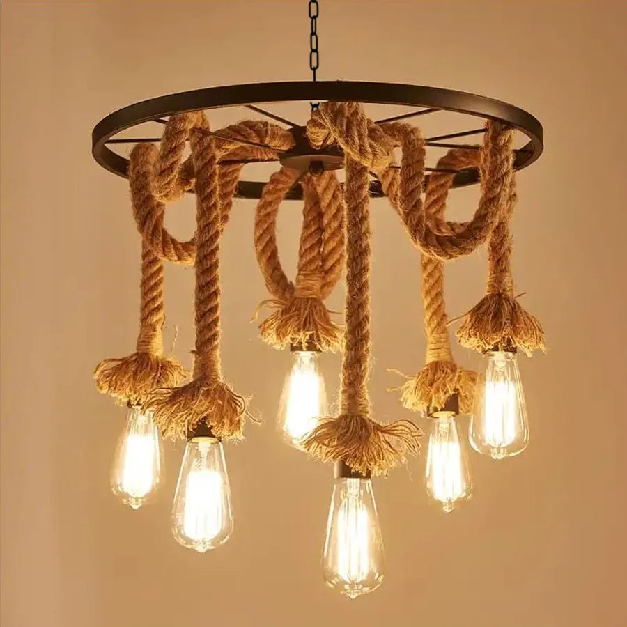 Wheel Chandelier, 6 x E27, Brown, Metal / String Chandelier Vintage Default Title Alessandro Design