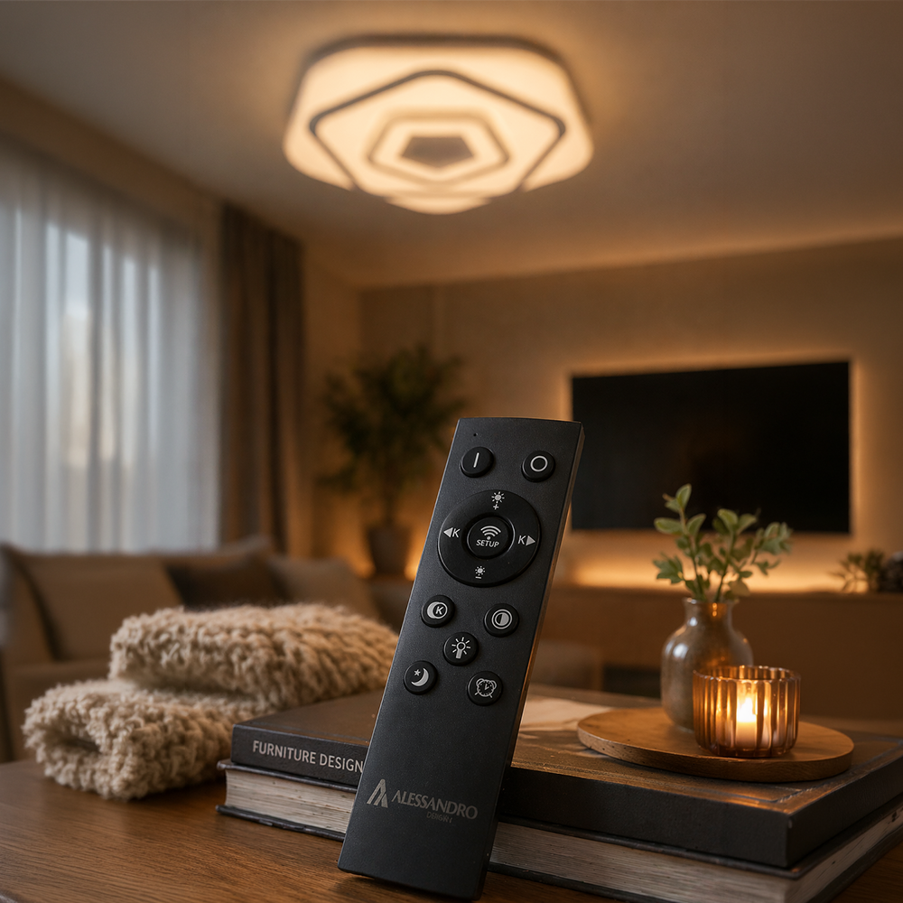 LED Chandelier with Remote Control PENTAGON 59W, 40cm, Cold/Warm/Neutral Light 3000K/4000K/6000K, White, Metal and Acrylic LED Chandeliers with Remote Control Default Title Alessandro Design