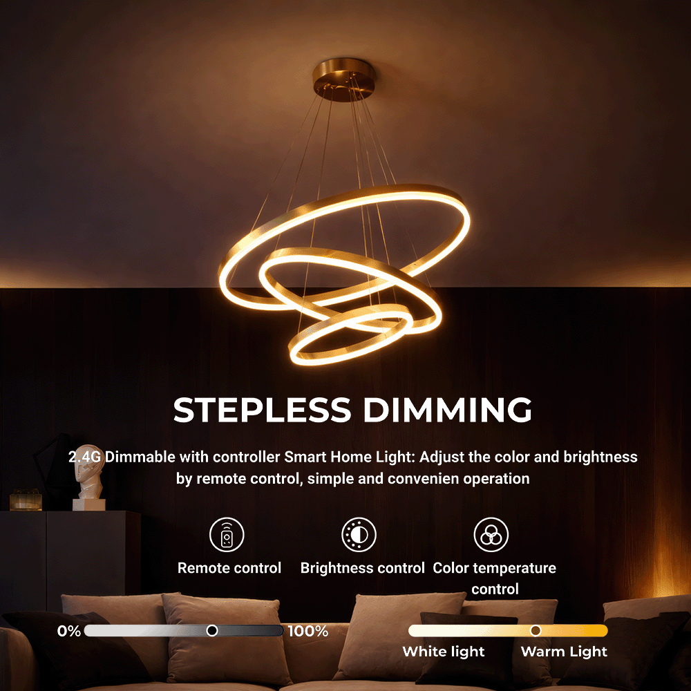 Suspended LED chandelier with remote control ELIZABETH, 85W, 3 Circles, Cold/Warm/Neutral light, Dimmable, Shiny Gold, Height Adjustable LED Chandeliers with Remote Control Default Title Alessandro Design