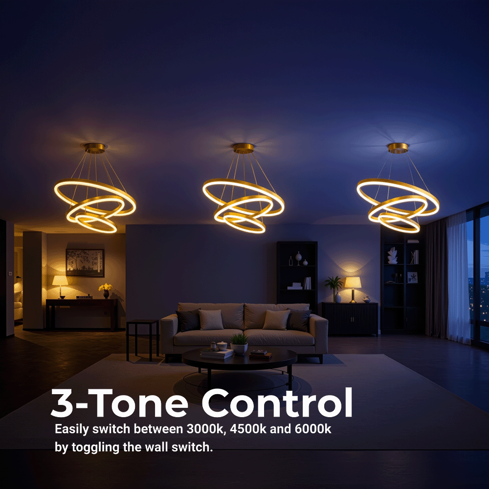 Suspended LED chandelier with remote control ELIZABETH, 85W, 3 Circles, Cold/Warm/Neutral light, Dimmable, Shiny Gold, Height Adjustable LED Chandeliers with Remote Control Default Title Alessandro Design