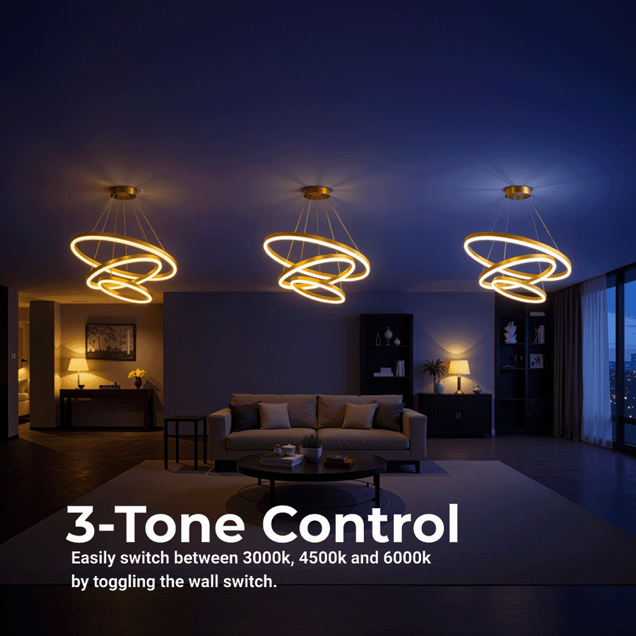 Suspended LED chandelier with remote control ELIZABETH, 85W, 3 Circles, Cold/Warm/Neutral light, Dimmable, Shiny Gold, Height Adjustable LED Chandeliers with Remote Control Default Title Alessandro Design