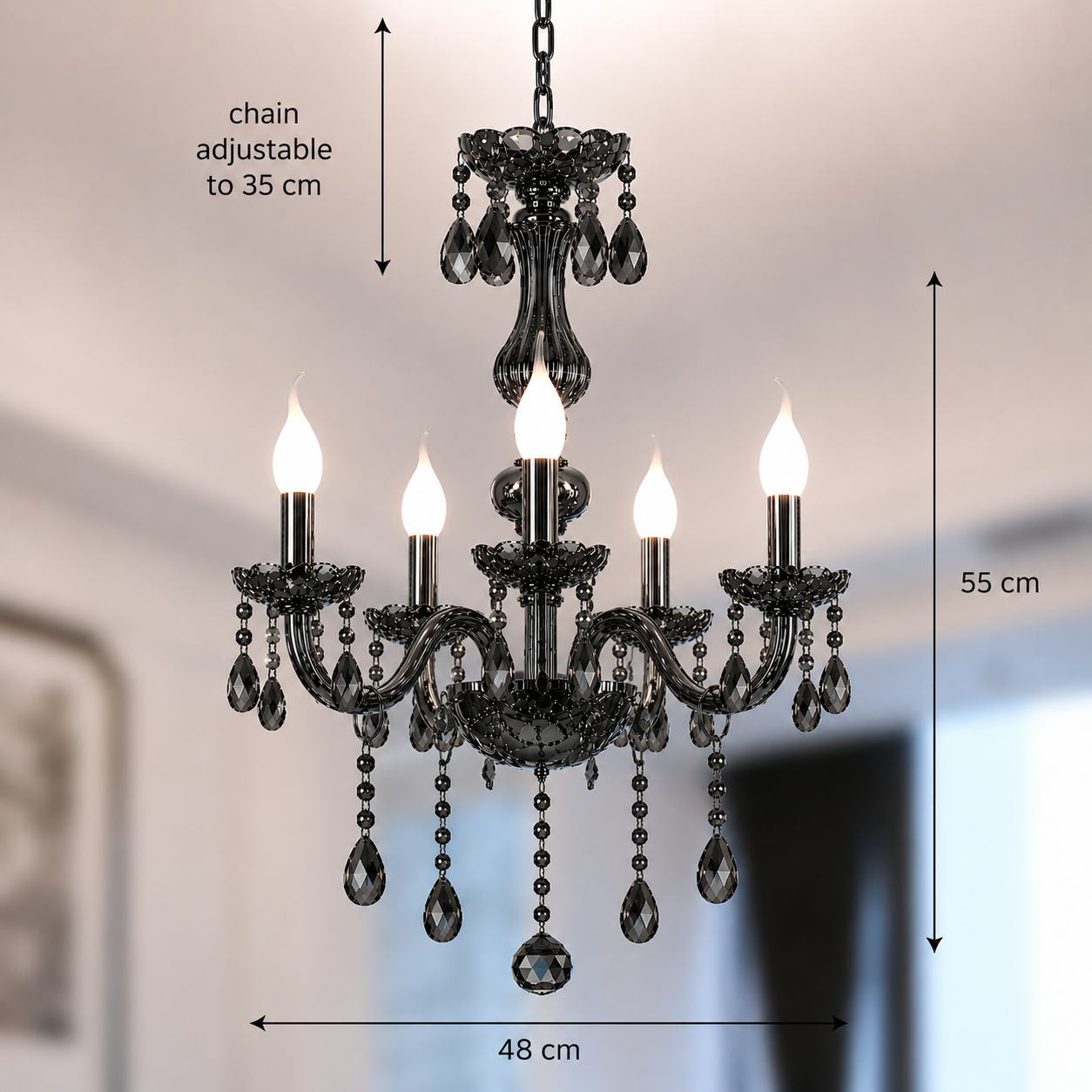 Crystal Chandelier ALNWICK Eleganza, 5xE14, Diameter 48cm, Black, Adjustable Height Classic Chandeliers Default Title Alessandro Design