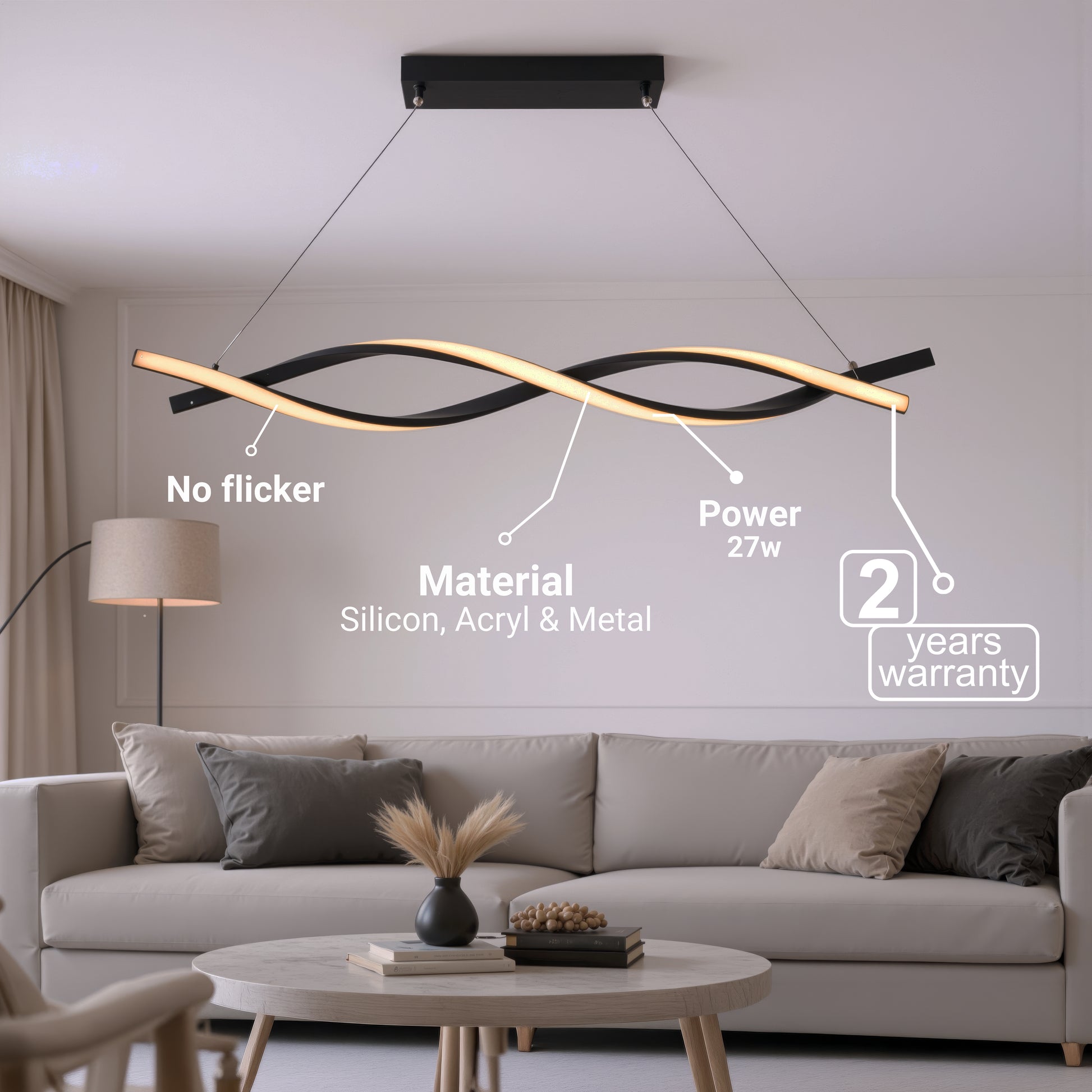 Suspended LED Chandelier with Remote Control, FLUX, 27W, 116cm, Cold/Warm/Neutral Light 3000K/4000K/6000K, Dimmable, Black, Adjustable Height, Metal and Silicone Modern Chandeliers Default Title Alessandro Design