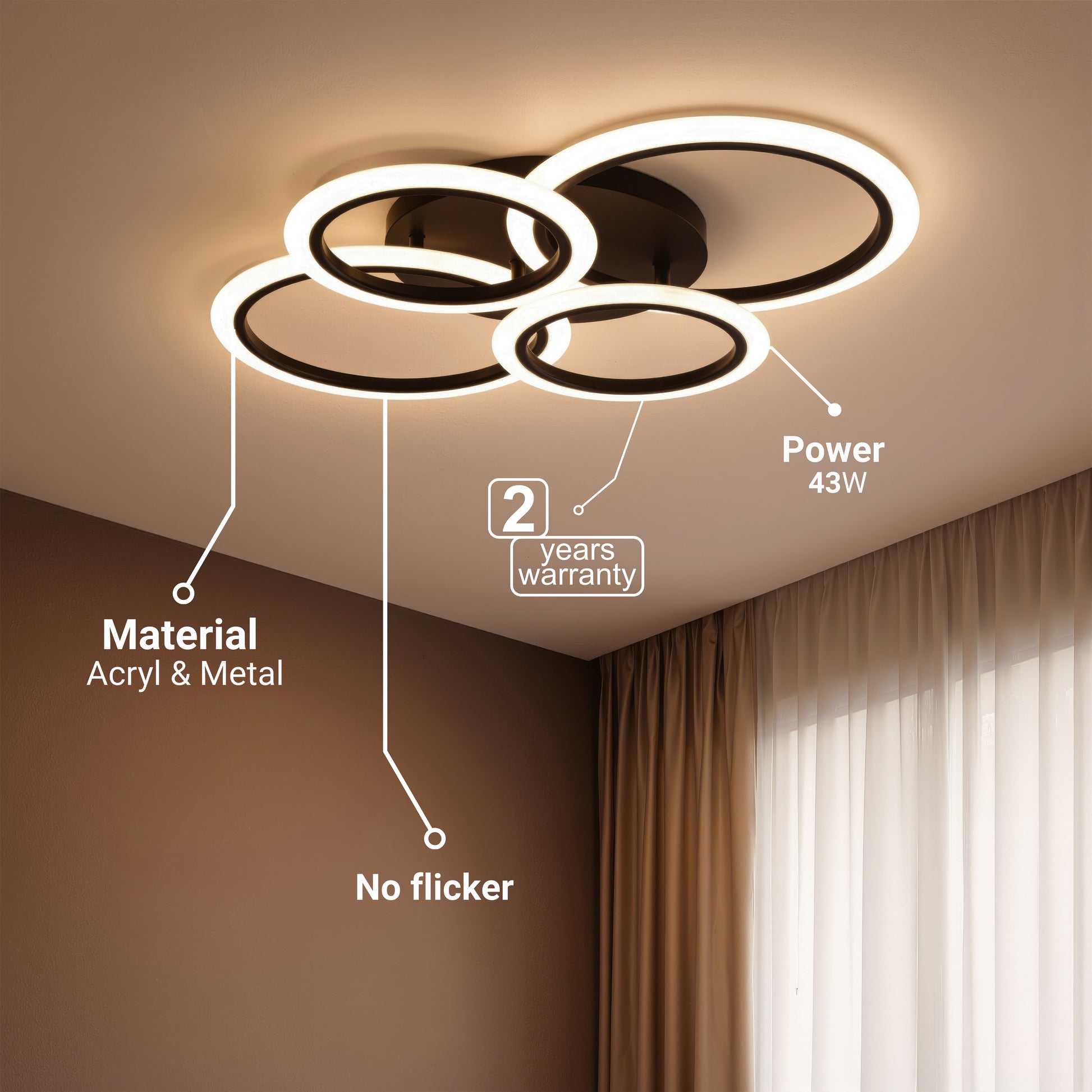 LED Chandelier with Remote Control BETTY 43W, 4 Circles, Cold/Warm/Neutral Light, Dimmable, Black LED Chandeliers with Remote Control Default Title Alessandro Design