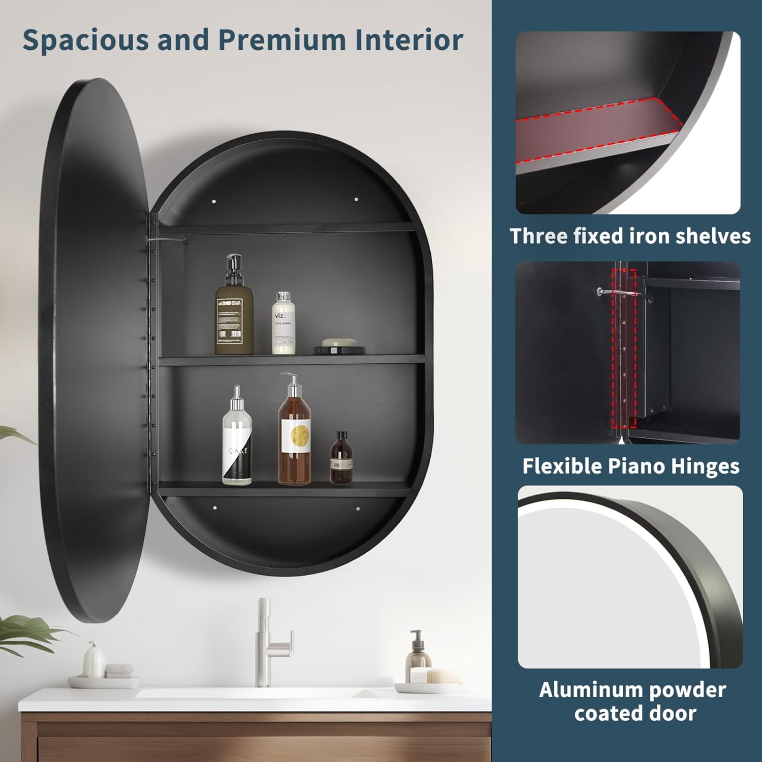 Oglinda LED cu Dulap, Ovala, 50x80cm, Dezaburire, Lumina Rece/Calda/Neutra, Rama Neagra, Spatiu de Depozitare Oglinzi Dulap Default Title Alessandro Design