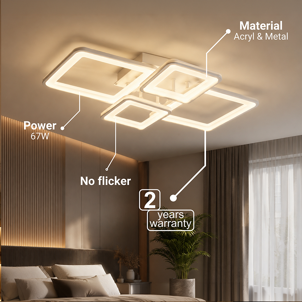 LED chandelier with remote control ELLA 67W, 4 Squares, Cold/Warm/Neutral light, Dimmable, White LED chandelier with remote control Default Title Alessandro Design