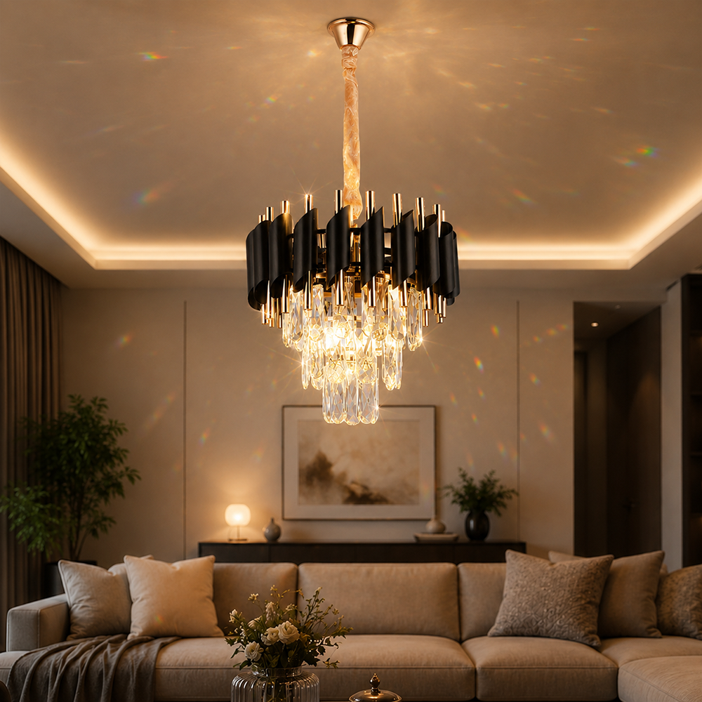 Crystal Chandelier VERSAILLES Petito 3xE14, Diameter 30cm, Shiny Gold and Black, Adjustable Height Crystal Chandelier Default Title Alessandro Design