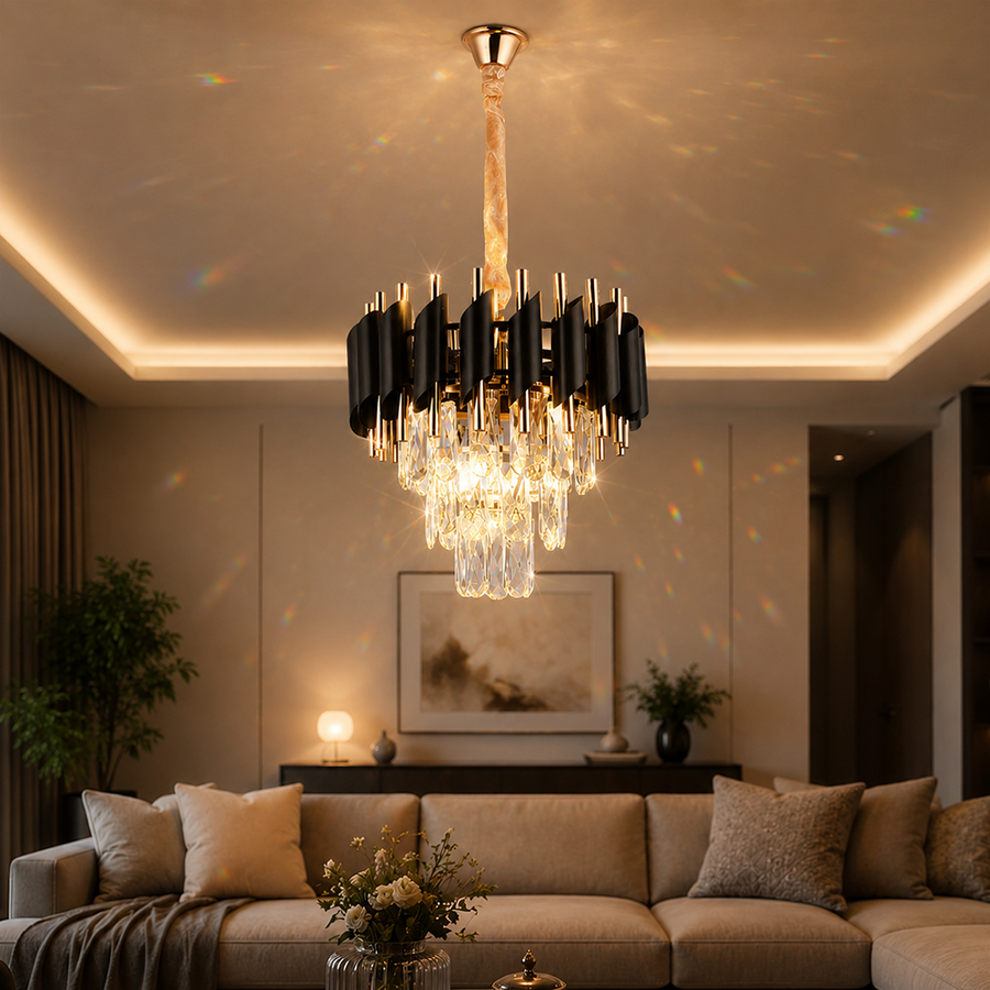 Crystal Chandelier VERSAILLES Petito 3xE14, Diameter 30cm, Shiny Gold and Black, Adjustable Height Crystal Chandelier Default Title Alessandro Design