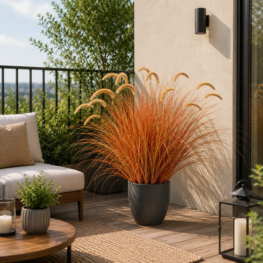 Planta Artificială Iarbă Ornamentală Tip Coadă de Vulpe, 100 cm, Iarbă Curbată cu Spice, Galben și Portocaliu, Fără Ghiveci