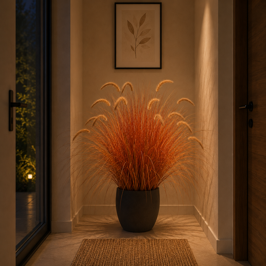 Planta Artificială Iarbă Ornamentală Tip Coadă de Vulpe, 100 cm, Iarbă Curbată cu Spice, Galben și Portocaliu, Fără Ghiveci