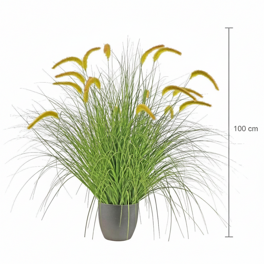 Planta Artificială Iarbă Ornamentală Tip Coadă de Vulpe, 100cm, Iarbă curbată cu Spice, Verde si Galben, Fara Ghiveci