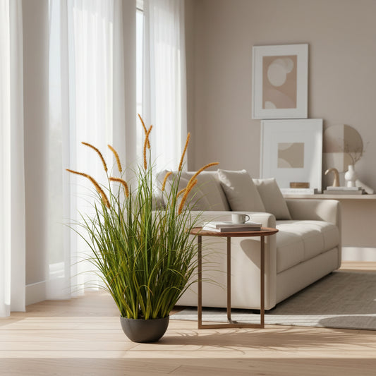 Planta Artificială Iarbă Ornamentală Tip Coadă de Pisicǎ, 90cm, 13 tulpini, Iarbă curbată și Spice, Verde Tomnal, Fara Ghiveci