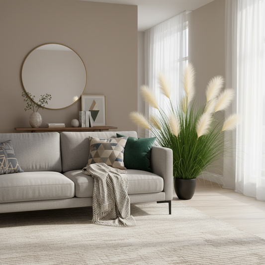 Planta Artificială Iarbă Ornamentală, 110 cm, 9 tulpini, Stuf și Iarbă, Verde deschis și alb, Fără Ghiveci