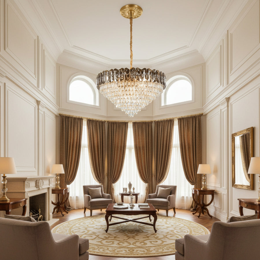 Candelabru Cristal AURUM Regalis 22xE14, Diametru 80cm, Inaltime 55cm, Auriu Lucios, Inaltime Reglabila, Design Elegant