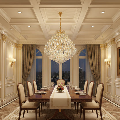 Candelabru Cristal KONIG Supremo, 24xE14, D100 cm, Auriu, Inaltime Reglabila, Metal si Cristal