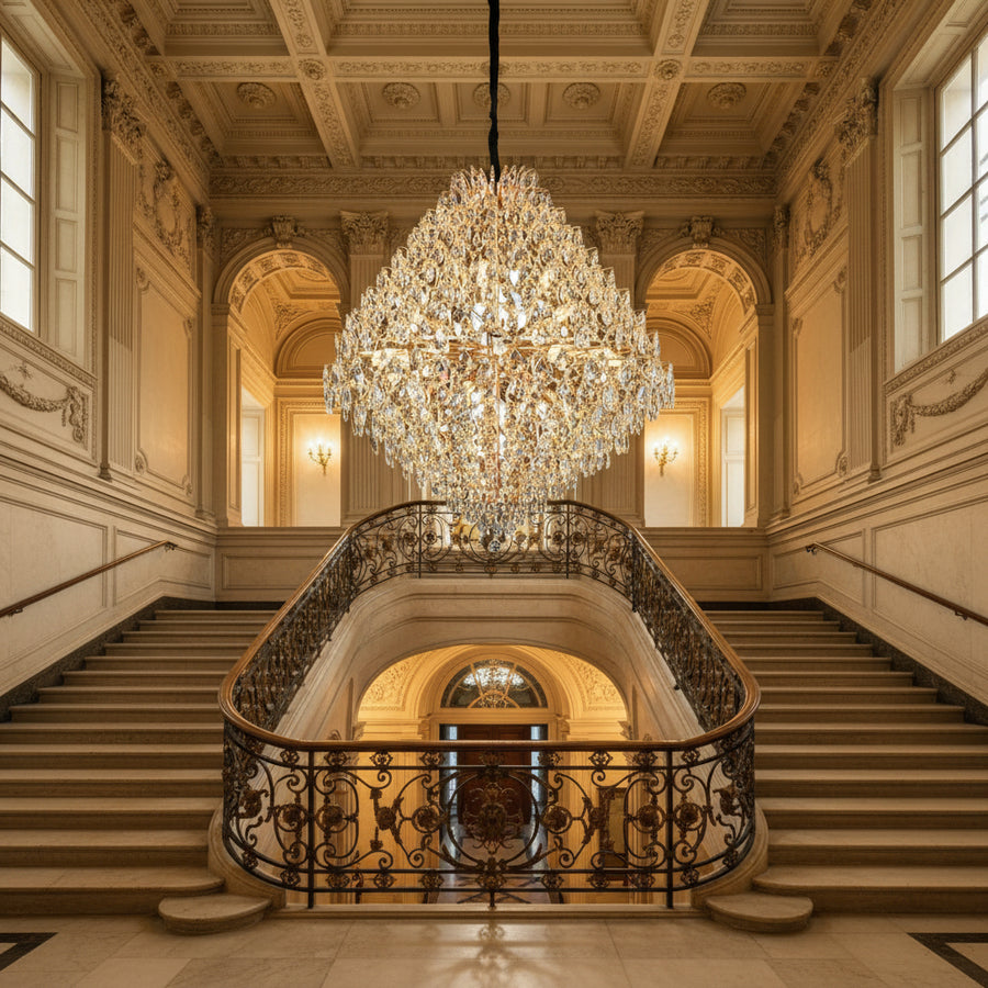 Candelabru Cristal KONIG Grande, 32xE14, D120 cm, Auriu, Inaltime Reglabila, Metal si Cristal