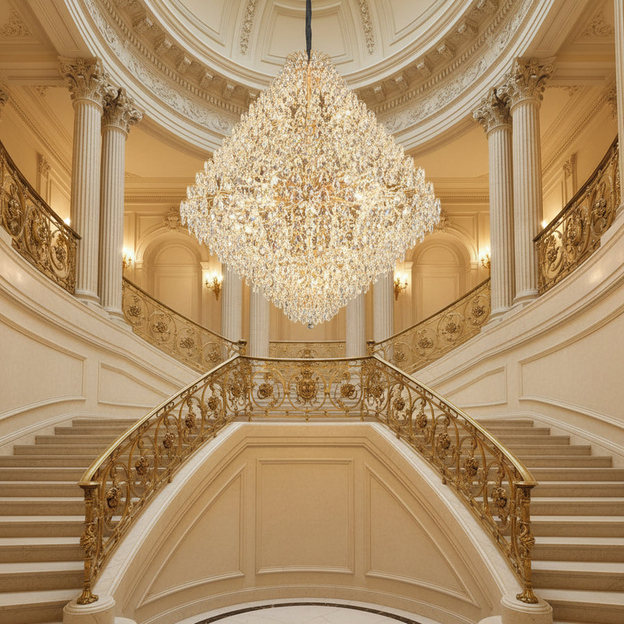 Candelabru Cristal KONIG Grande Supremo, 54xE14, D150 cm, Auriu, Inaltime Reglabila, Metal si Cristal
