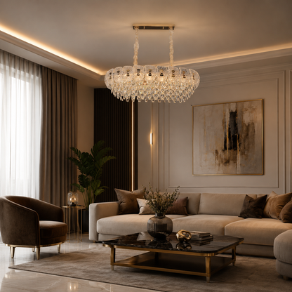 Candelabru Cristal DONNO Supremo, 90x34cm, 11xE14, Inaltime Reglabila, Metal si Cristal, Auriu