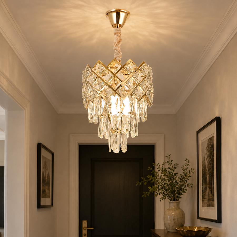 Candelabru Cristal VECTORIA Petito 3xE14, Diametru 28cm, Auriu, Inaltime Reglabila, Metal si Cristal