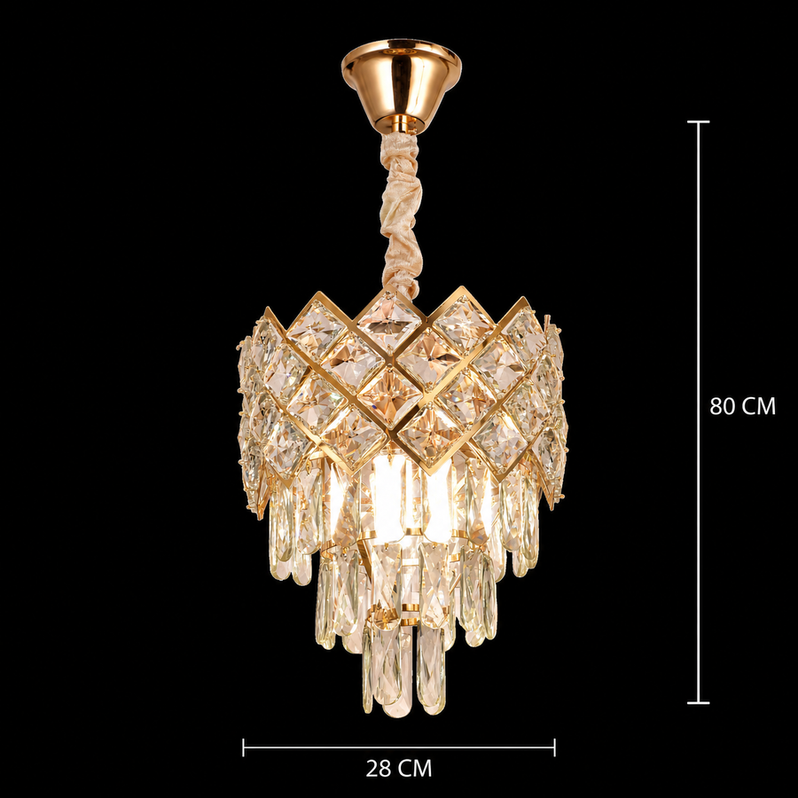 Candelabru Cristal VECTORIA Petito 3xE14, Diametru 28cm, Auriu, Inaltime Reglabila, Metal si Cristal