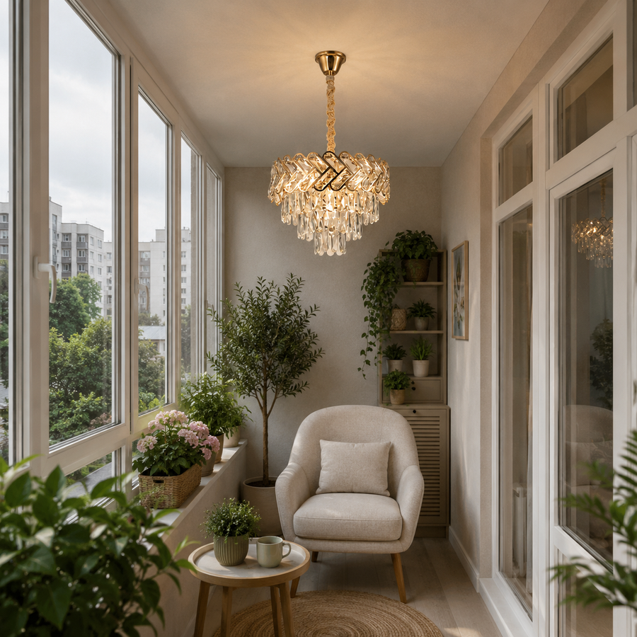 Candelabru Cristal VECTOR Nobile 5xE14, Diametru 39cm, Auriu Lucios, Inaltime Reglabila, Metal si Cristal