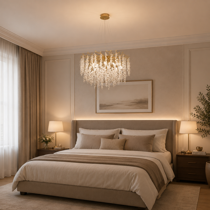 WALTZ Cascade Crystal Chandelier, 6xG9, Gold, diameter 45cm, Adjustable Height