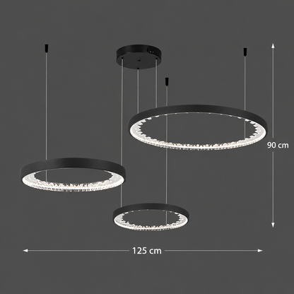Suspended LED chandelier with remote control, K9 Crystals, 80W, 3 Circles, Cold/Warm/Neutral light, Dimmable, Black, Height Adjustable
