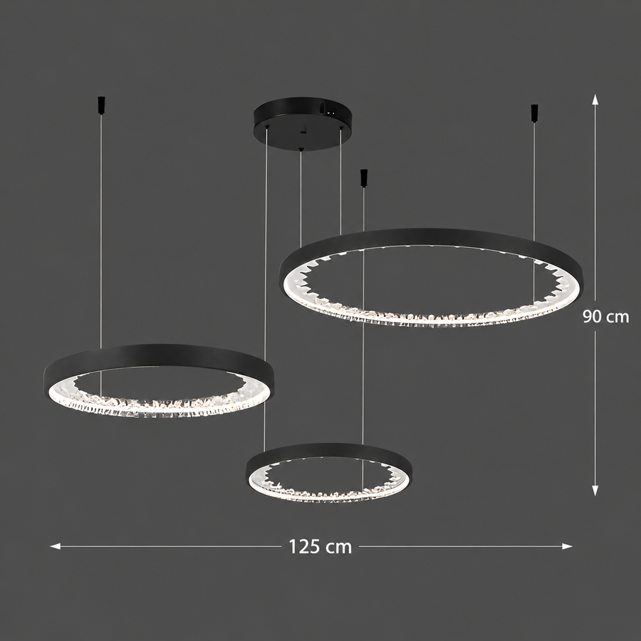 Suspended LED chandelier with remote control, K9 Crystals, 80W, 3 Circles, Cold/Warm/Neutral light, Dimmable, Black, Height Adjustable
